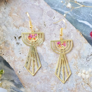 Real Pressed Flowers Earrings, Gold Drops in Green Pink Orange