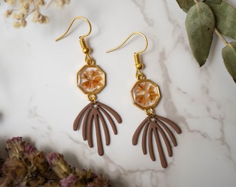 Real Pressed Flowers Earrings, Gold Drop Earrings with Peach Alyssum