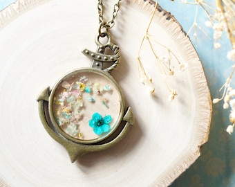 Real Pressed Flowers in Resin Anchor Necklace in Teal and Pastel Mix