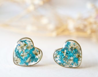 Real Pressed Flowers and Resin Heart Stud Earrings in White and Teal Green