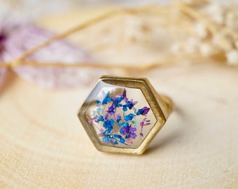 Real Pressed Flower and Resin Hexagon Gold Ring in Blue Purple Mint