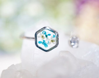 Real Pressed Flower and Resin Ring, Silver Hexagon in Teal and White