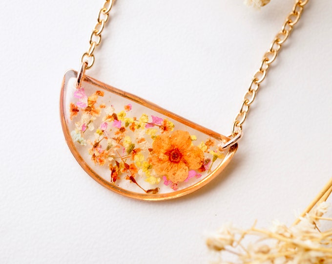 Real Pressed Flowers in Resin Necklace, Half Circle in Orange Yellow Pink and White mix