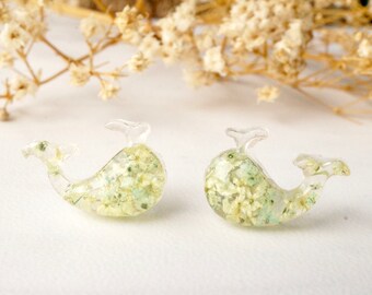 Real Pressed Flowers and Resin Whale Stud Earrings in Yellow and Mint