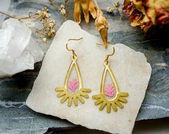 Real Pressed Flowers Earrings, Gold Drop Earrings with Pink Fern