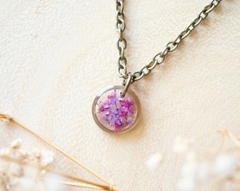 Real Pressed Flowers in Resin Necklace, Small Bronze Circle in Pinks and Purple