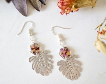 Real Pressed Flowers and Resin Drop Earrings, Silver Palm Leaf and Hexagons in Floral Mix