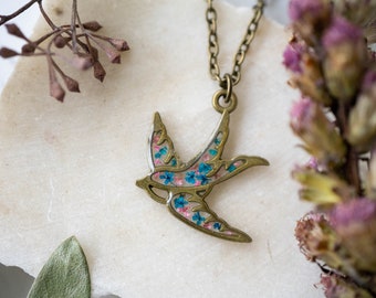 Real Pressed Flowers in Resin, Bronze Bird Necklace in Blue and Pink