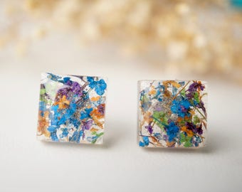 Real Pressed Flowers and Resin Square Stud Earrings in Blue Mix