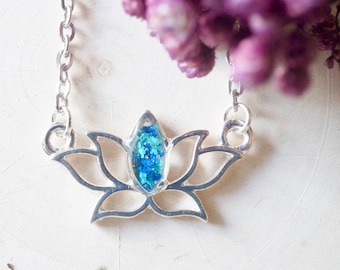 Real Pressed Flowers and Resin Necklace Silver Lotus Flower in Teal and Blue