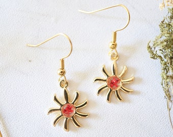 Real Pressed Flowers Earrings, Gold Sun Drops in Red