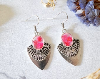 Real Pressed Flowers Earrings, Silver Drops in Neon Pink