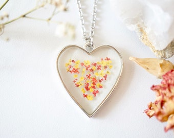 Real Pressed Flowers in Resin Heart Necklace in Red Yellow Mix