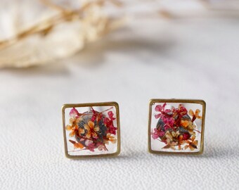 Real Pressed Flowers and Resin Stud Earrings in Pink Orange Mix