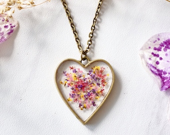 Real Pressed Flower and Resin Heart Necklace in Red, Pink, Yellow, and Purple Mix