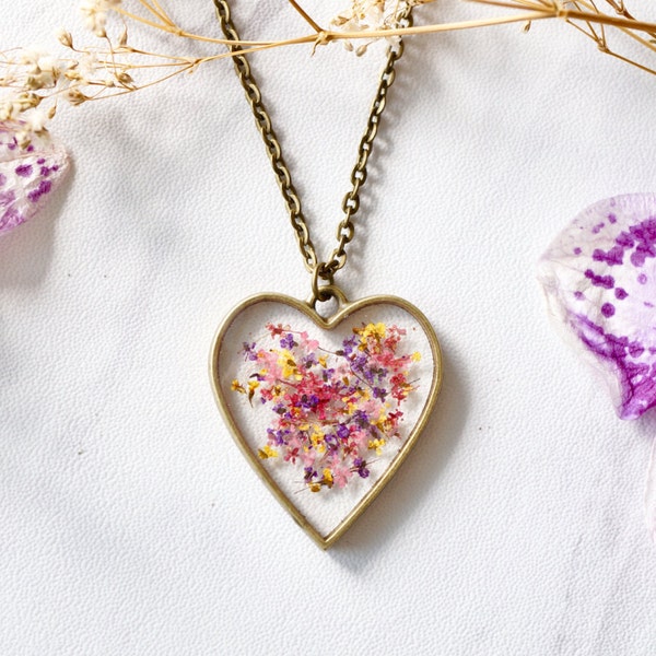 Real Pressed Flower and Resin Heart Necklace in Red, Pink, Yellow, and Purple Mix