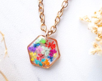 Real Pressed Flowers in Resin Necklace, Small Rose Gold Hexagon in Party Mix