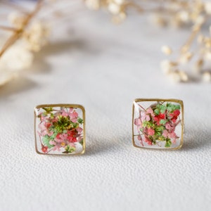 Real Pressed Flowers and Resin Stud Earrings in Pink Green Mix image 1