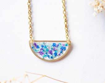 Real Pressed Flowers in Resin Necklace, Half Circle in Purple, Mint, Blue, Teal