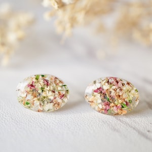 Real Pressed Flowers and Resin Oval Stud Earrings in Orange Rose White Green image 1