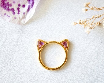 Real Pressed Flower and Resin Gold Cat Ring in Purples