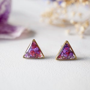 Real Pressed Flowers and Resin Stud Earrings in Purple and Magenta Mix image 1