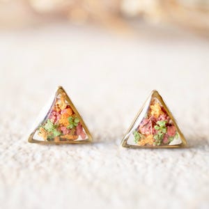 Real Pressed Flowers and Resin Triangle Stud Earrings in Pink, Orange, Green image 1