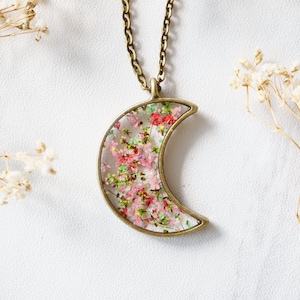 Real Pressed Flower and Resin Celestial Moon Necklace in Greens and Pinks Mix