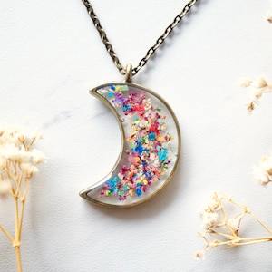 Real Pressed Flowers and Resin Moon Necklace in Party Mix image 1