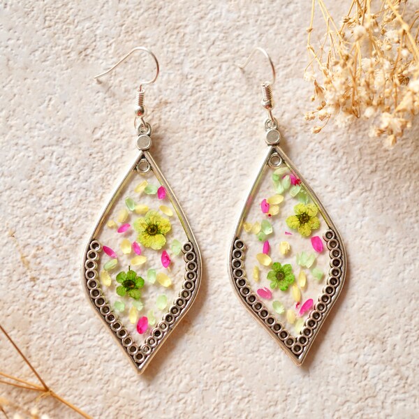 Real Pressed Flowers and Resin Earrings in Green White Pink