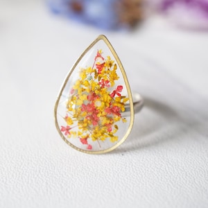 Real Pressed Flower and Resin Ring in Reds and Yellows Mix