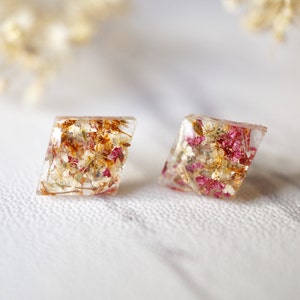Real Pressed Flowers and Resin Diamond Stud Earrings in Orange Rose White image 1