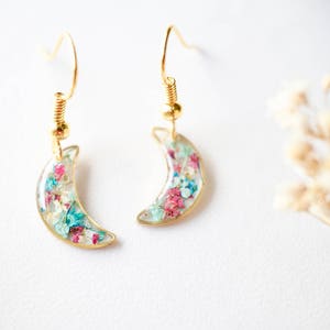 Real Pressed Flowers and Resin Earrings, Gold Celestial Moons in Maroon Mint Teal White