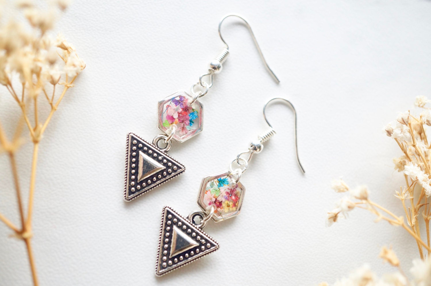 Real Pressed Flowers and Resin Earrings in Silver and Party Mix with Tribal Boho Arrowhead - Thumbnail 4