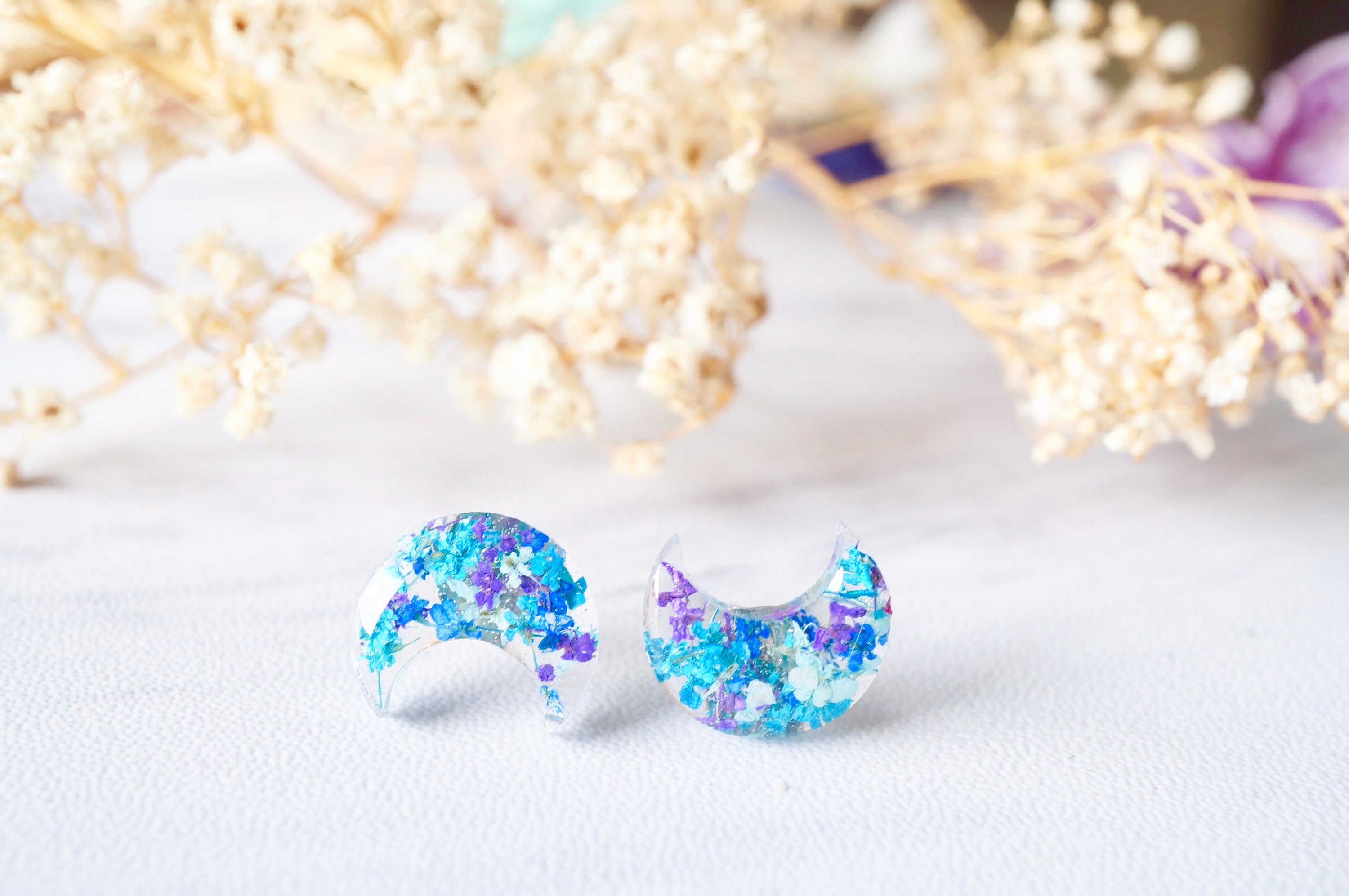 Real Pressed Flowers and Celestial Resin Moon Stud Earrings in Purple Blue Teal Mint - Thumbnail 2