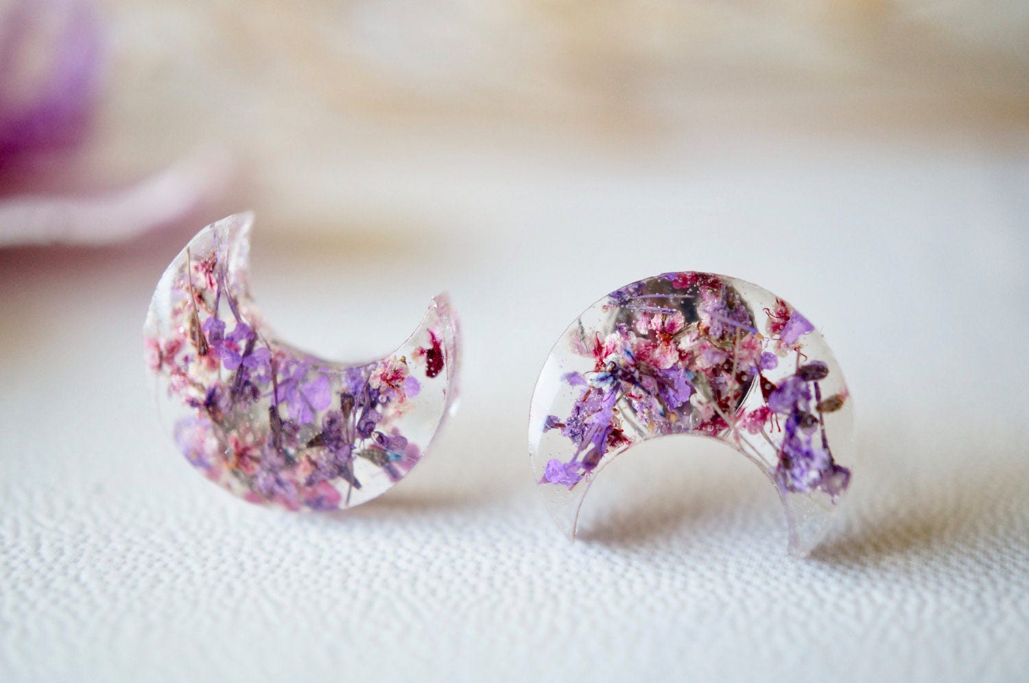 Real Pressed Flowers and Celestial Resin Moon Stud Earrings in Purple Blue Teal Mint - Thumbnail 5