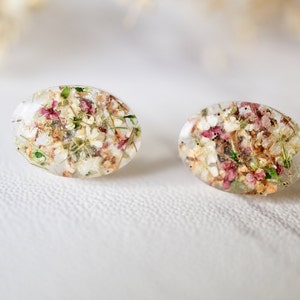 Real Pressed Flowers and Resin Oval Stud Earrings in Orange Rose White Green image 2