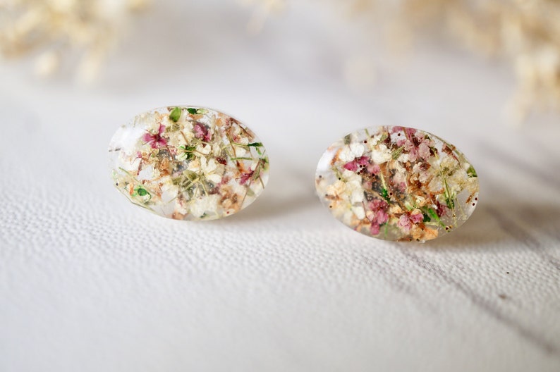 Real Pressed Flowers and Resin Oval Stud Earrings in Orange Rose White Green image 2