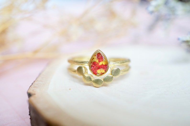 Real Pressed Flower and Resin Ring, Gold Teardrop in Red and Yellow image 1