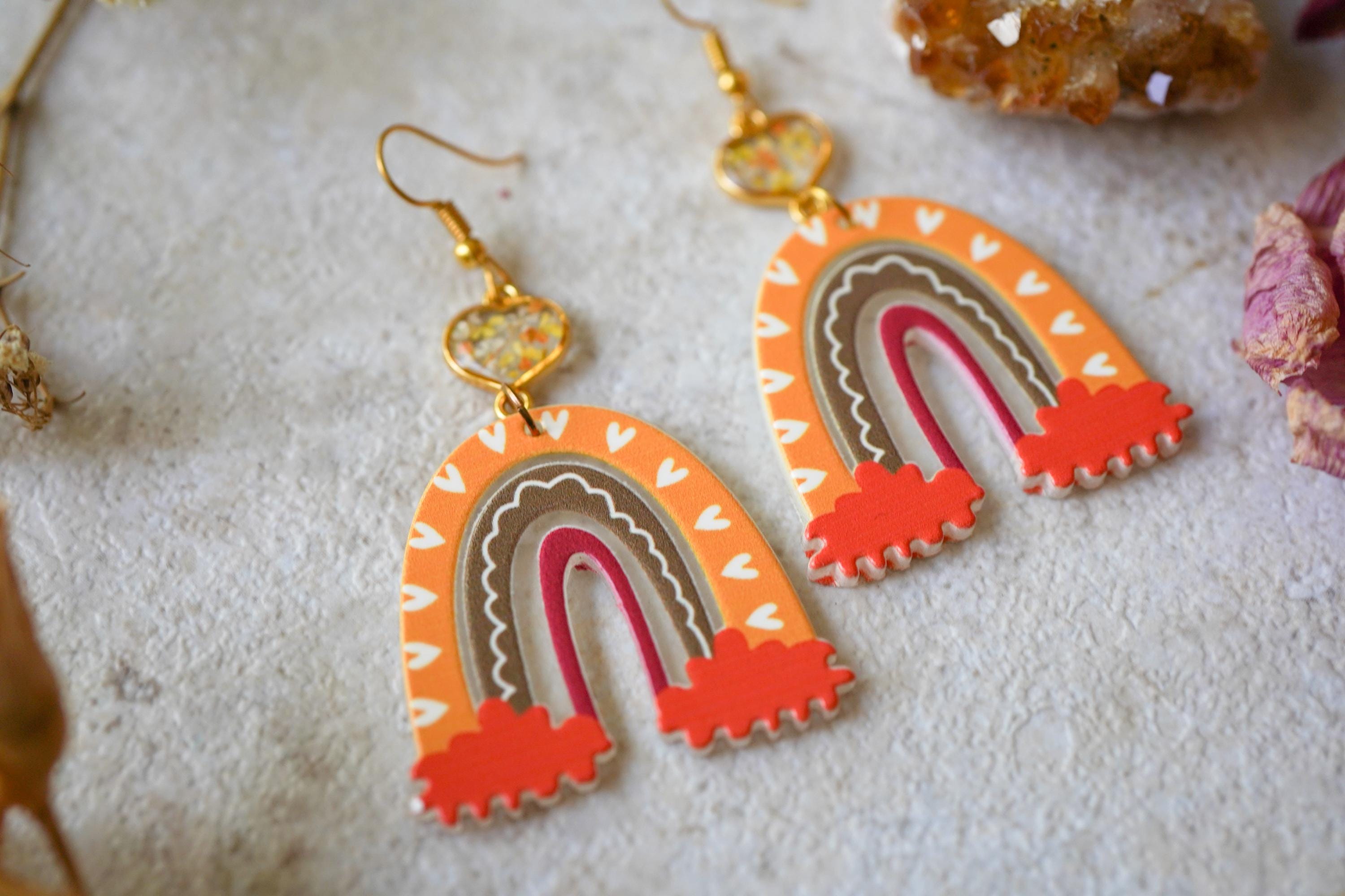 Real Pressed Flowers Earrings, Rainbow Drop Earrings with Real Dried Flowers, Orange and Yellows - Thumbnail 7