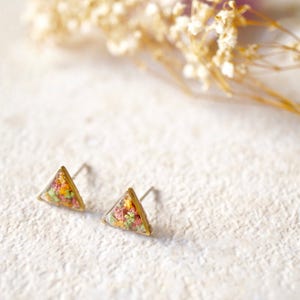 Real Pressed Flowers and Resin Triangle Stud Earrings in Pink, Orange, Green image 4