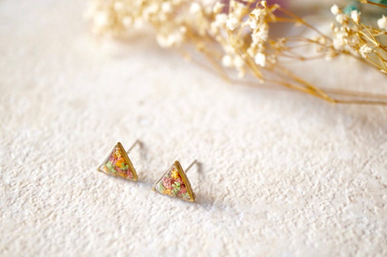 Real Pressed Flowers and Resin Triangle Stud Earrings in Pink, Orange, Green image 4