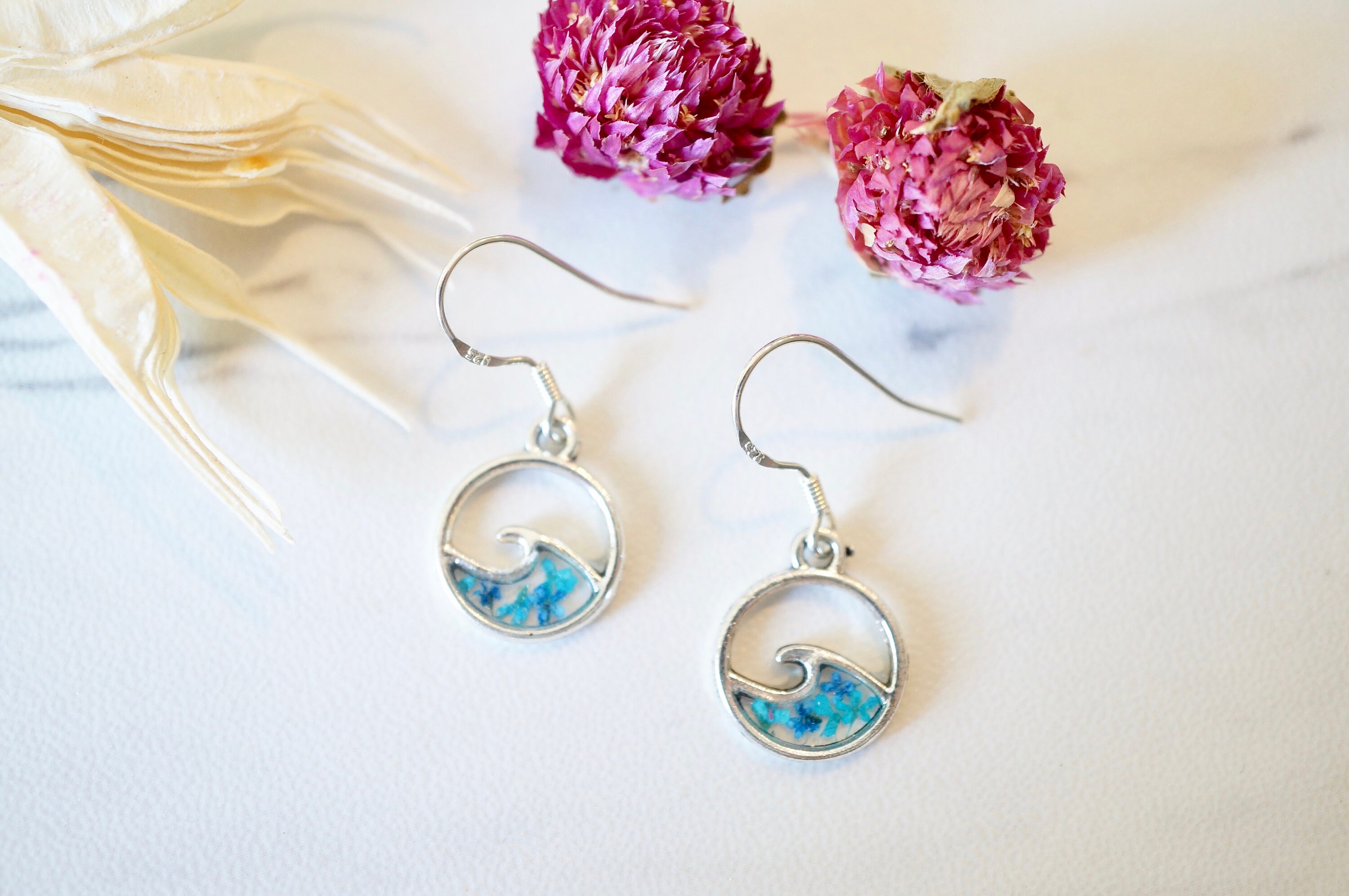 Real Pressed Flowers and Resin Dangle Earrings, Small Silver Waves in Teal and Blue