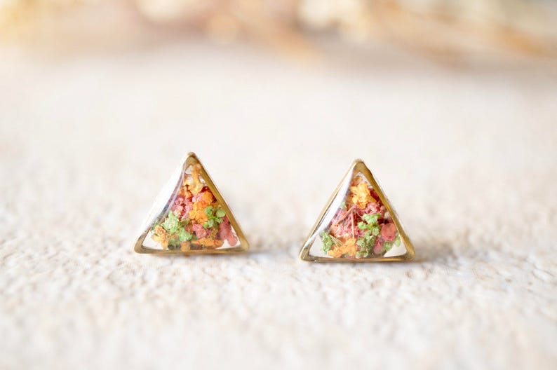 Real Pressed Flowers and Resin Triangle Stud Earrings in Pink, Orange, Green image 1
