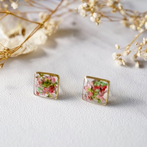 Real Pressed Flowers and Resin Stud Earrings in Pink Green Mix image 4
