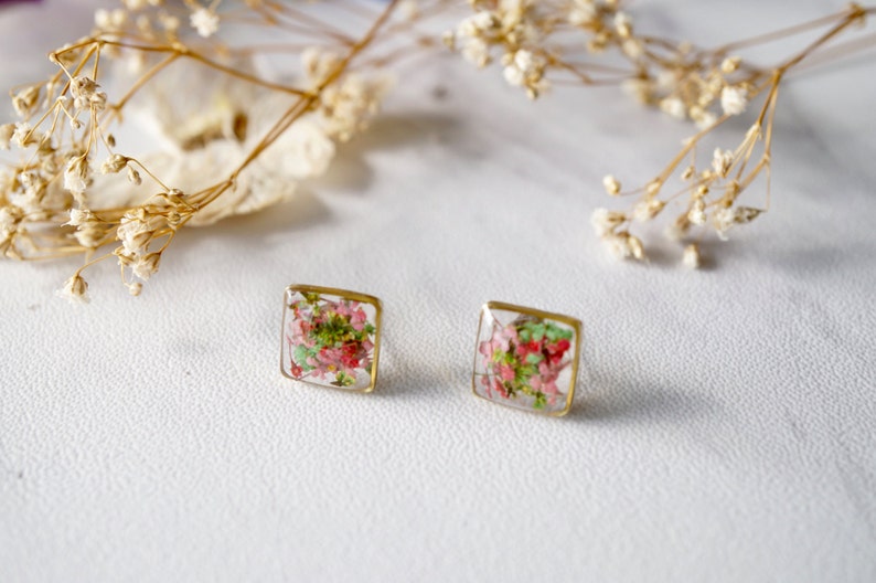 Real Pressed Flowers and Resin Stud Earrings in Pink Green Mix image 4