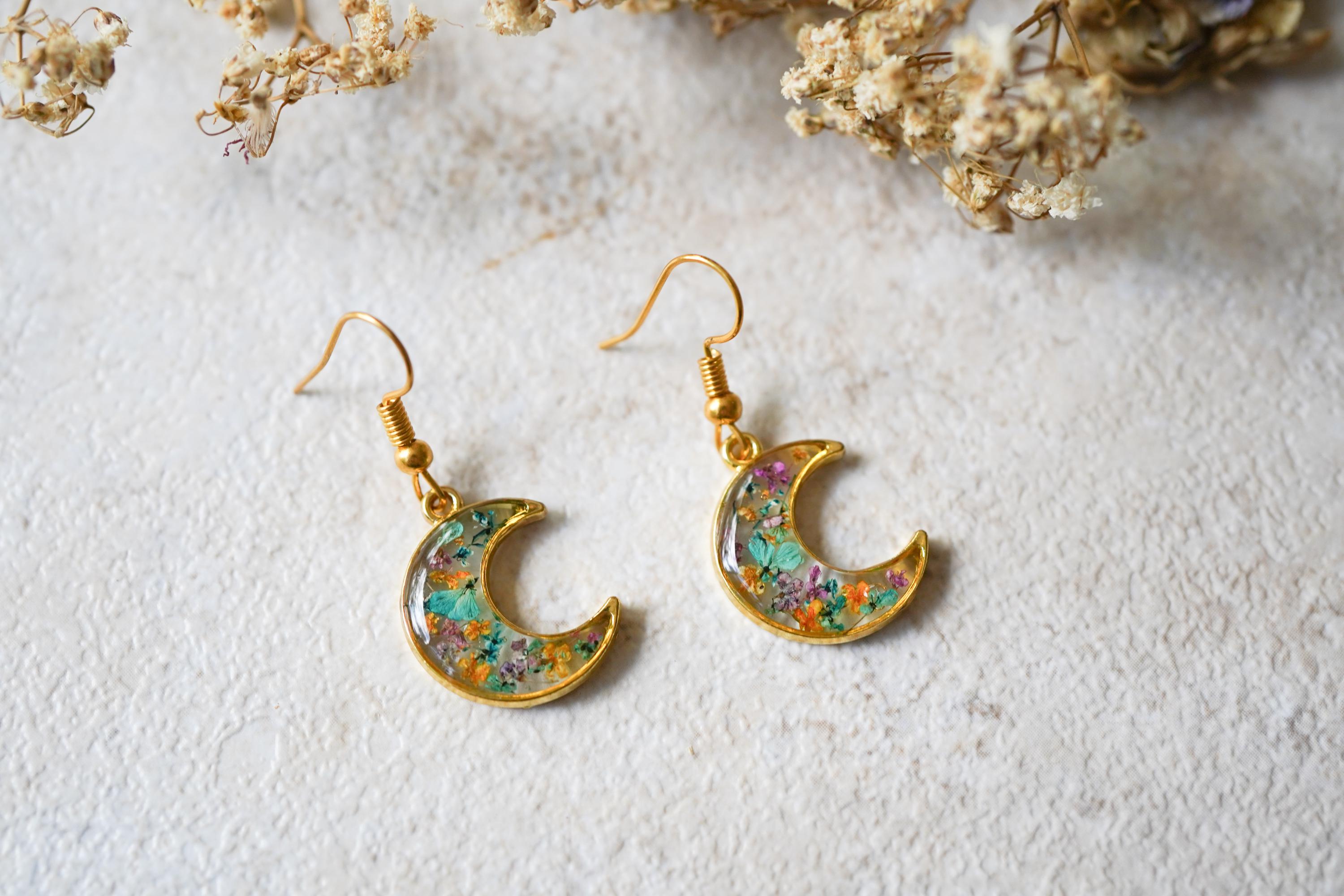 Real Pressed Flowers and Resin Drop Earrings, Gold Moons in Teal and Blue - Thumbnail 3
