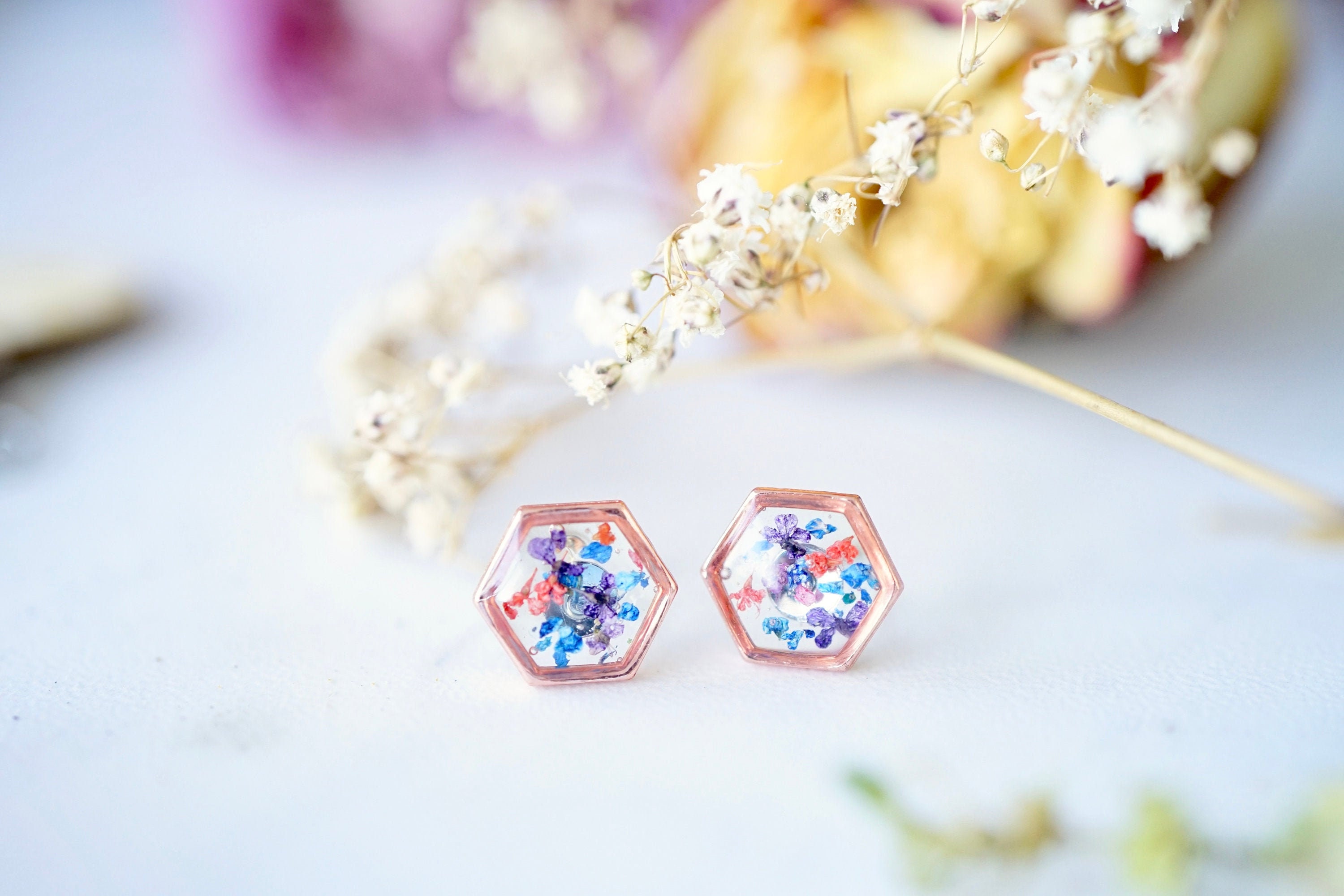 Real Pressed Flowers and Resin, Rose Gold Hexagon Stud Earrings, in Purple Pink Blue
