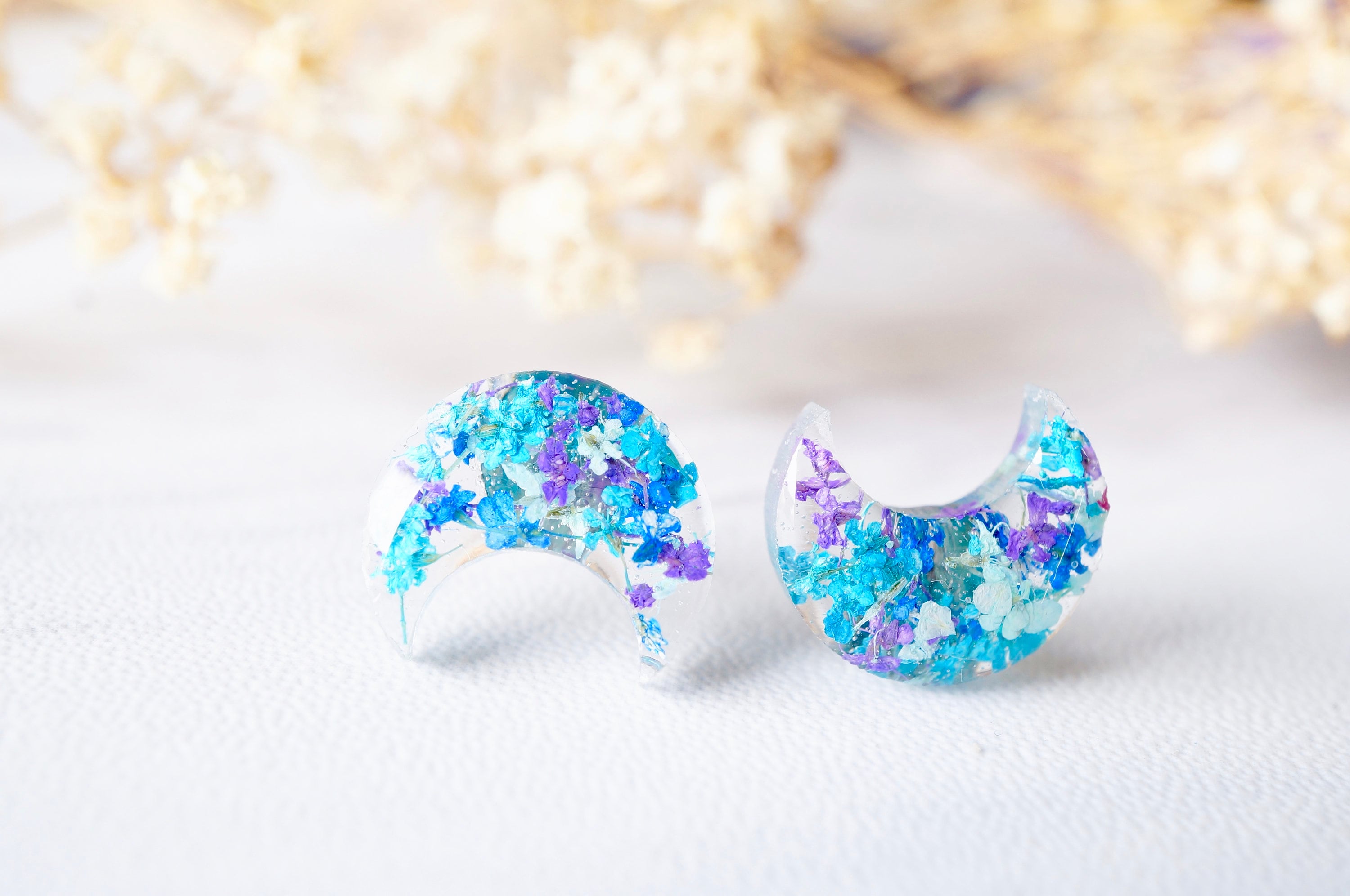 Real Pressed Flowers and Celestial Resin Moon Stud Earrings in Purple Blue Teal Mint
