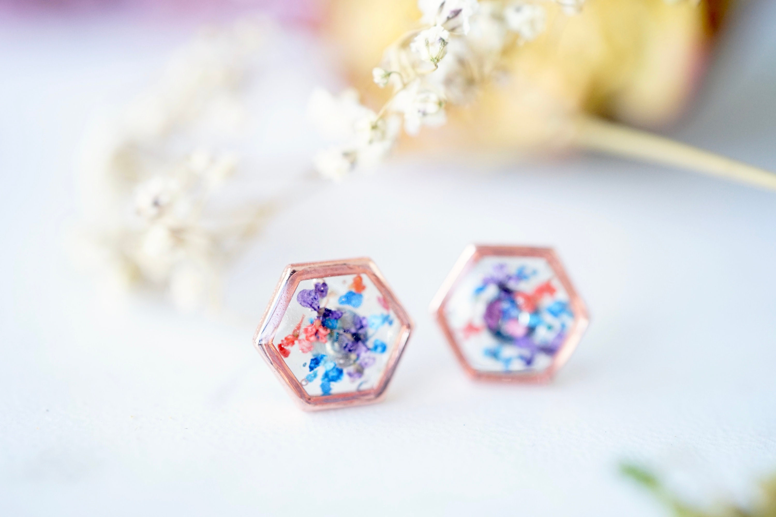 Real Pressed Flowers and Resin, Rose Gold Hexagon Stud Earrings, in Purple Pink Blue - Thumbnail 5